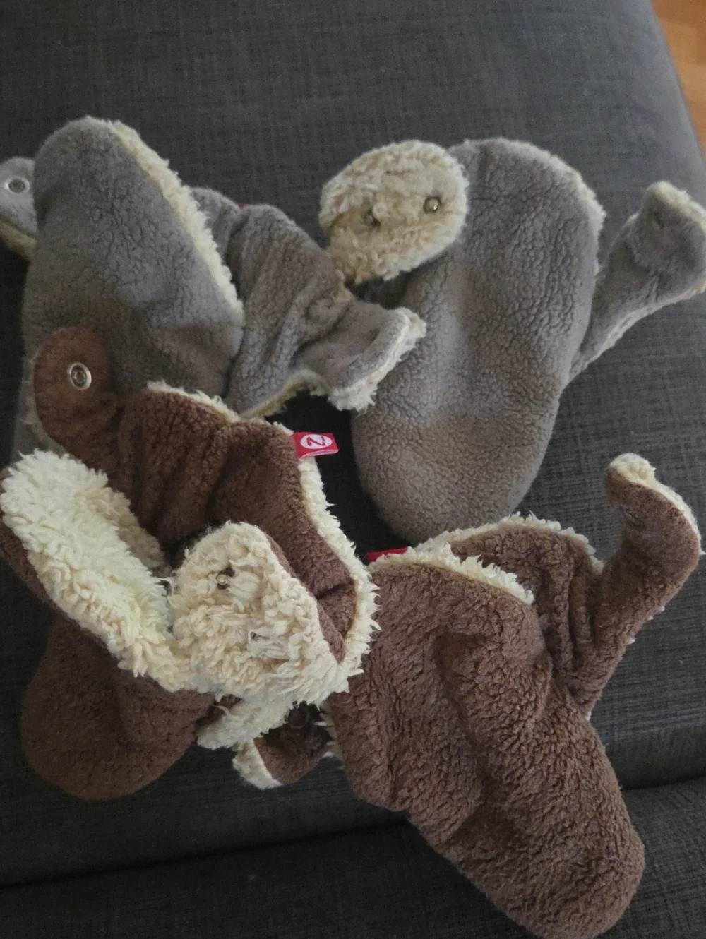 Zutano Cozy Sherpa Slippers in Brown and Gray with Cream Trim